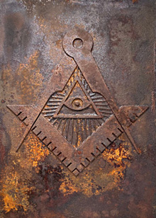 3D OxidArt Bild – mixed Media Bild eines Freimaurer Symbols auf Leinwand, überzogen mit OxidArt Mischung um eine rostige Anmutung zu erzielen