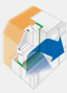 Ausschnitt einer von Wolfram Schäfers konzeptioniert und gestalteten Animation für die Gebäudedämmung am Fenster durch Produkte der illbruck Bautechnik. Gezeigt wird die luftabweisende Eigenschaft von illbruck-Bändern. | konzeptdesignkunst - wolfram schäfers