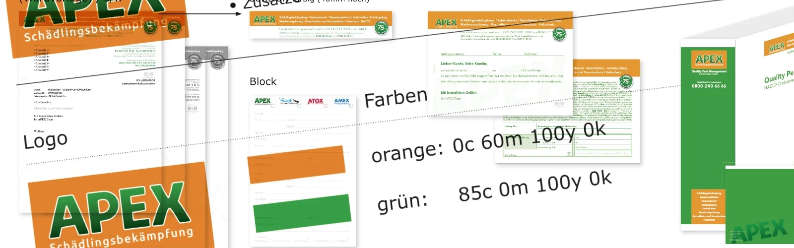 Auszüge aus einem Corporate Design Guide von Wolfram Schäfers, der die Spezifikation wie Raster, Farbcodes, Typografie und Bildvorschriften für Print- und Onlinemedien der Firma APEX Schädlingsbekämpfung enthält. | konzeptdesignkunst - wolfram schäfers