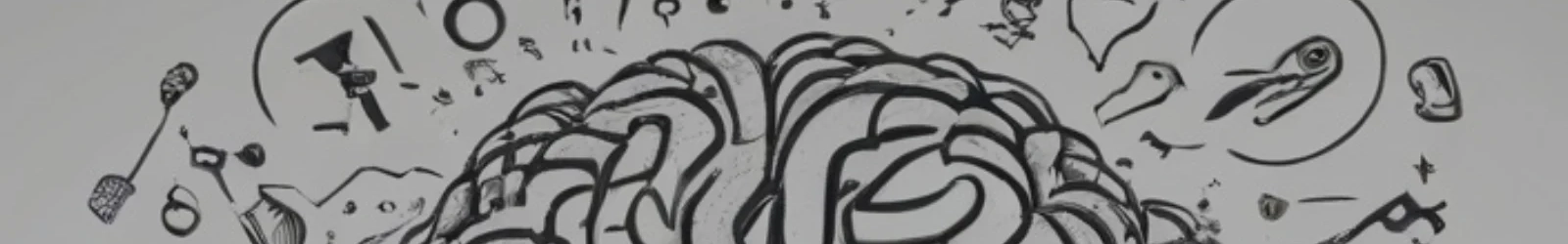 Schwarzweiße grafische Darstellung mit groben Strichen, die die Windungen eines menschlichen Gehirns mit unzähligen kleinen Illustrationen drumherum, symbolhaft für Kreatives Denken. | konzeptdesignkunst