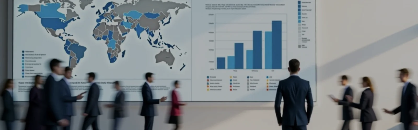 Manager laufen in einer Empfangshalle an einem riesigen Marketingchart vorbei. | konzeptdesignkunst