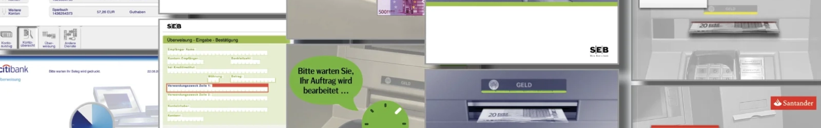 ImageBild mit Ausschnitten von Bankautomaten-Screens verschiedener Institute, auf denen barrierefreie Animationen zu sehen sind. | konzeptdesignkunst