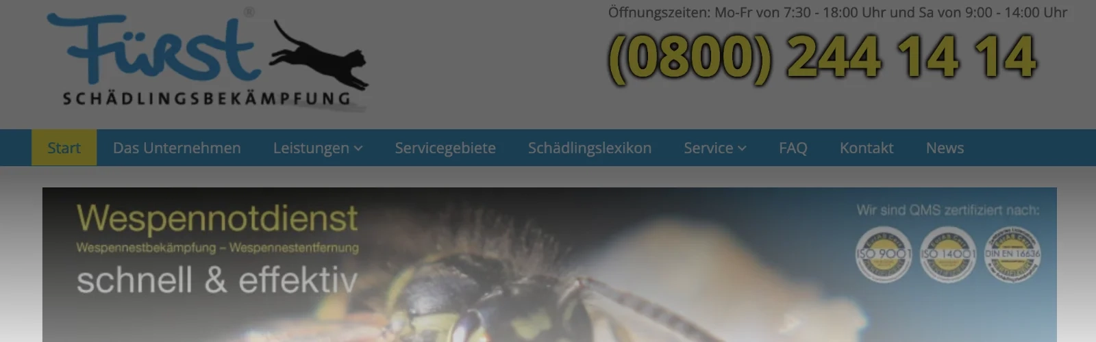 Screenshot Startseite der Webseite Fürst-Schädlingsbekämpfung.de, die von Wolfram Schäfers konzeptioniert und gestaltet wurde. | konzeptdesignkunst